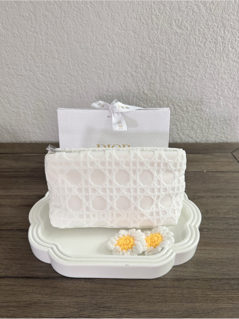 Dior White Quilted Zip Pouch